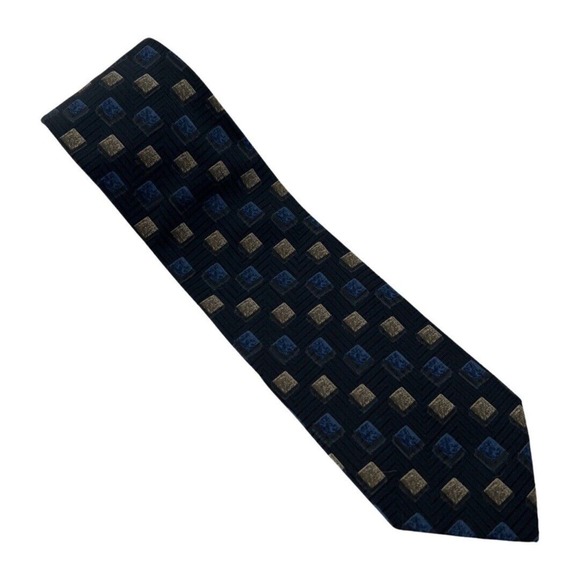 Ermenegildo‎ Zegna Tie Mens Blue Tan Square Geometric Silk Luxury Business - Picture 1 of 11